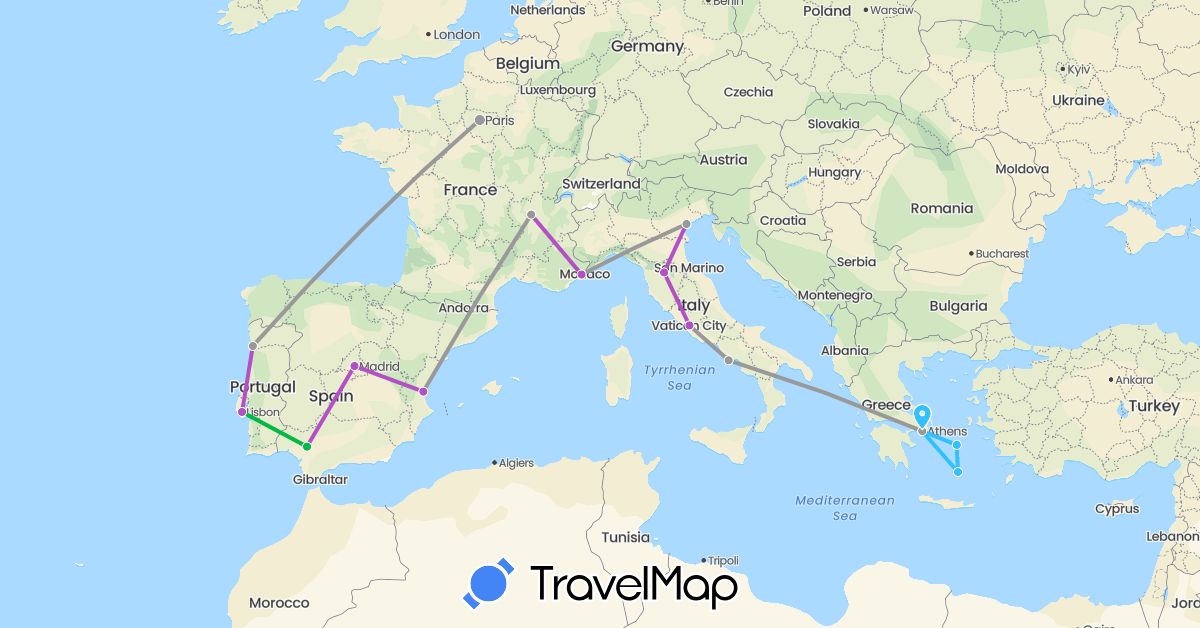 TravelMap itinerary: driving, bus, plane, train, boat in Spain, France, Greece, Italy, Portugal (Europe)